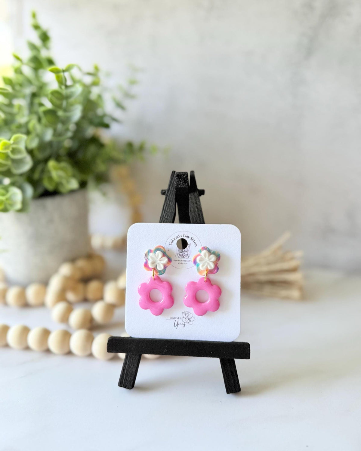 Pink Flower Earrings | Handmade Polymer Clay Earrings | Floral Dangle Earrings | Lightweight Statement Jewelry | Groovy Retro Gift for Her