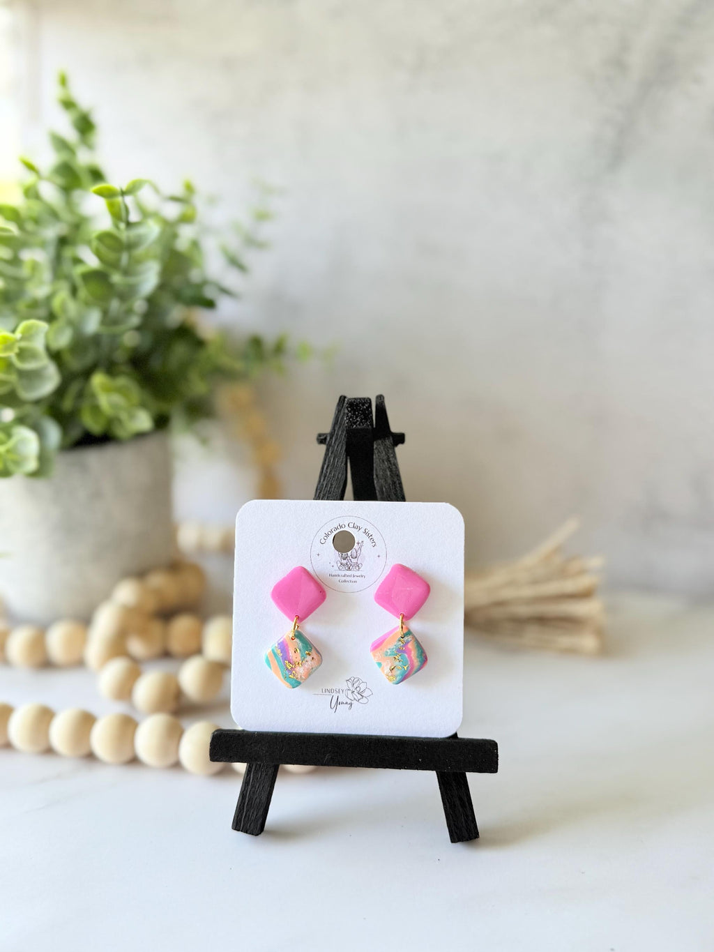 Pastel Marbled Polymer Clay Dangle Earrings | Gold Accented Statement Jewelry