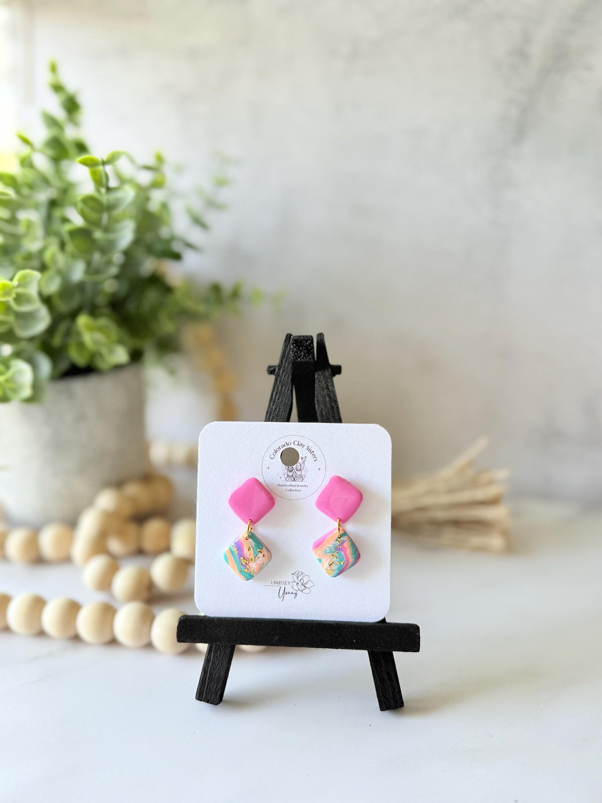 Pastel Marbled Polymer Clay Dangle Earrings | Gold Accented Statement Jewelry