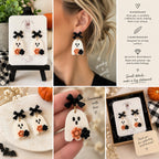 Handmade Polymer Clay Ghost Earrings | Halloween Dangle Jewelry with Bow & Flowers