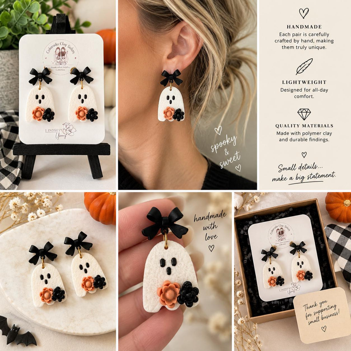 Handmade Polymer Clay Ghost Earrings | Halloween Dangle Jewelry with Bow & Flowers