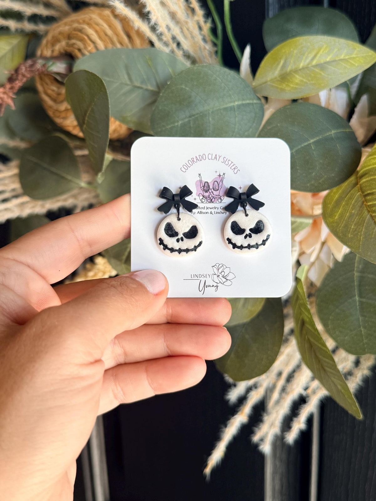 Handmade Halloween Skeleton Earrings | Spooky Cute Polymer Clay Earrings | Black Bow Halloween Jewelry