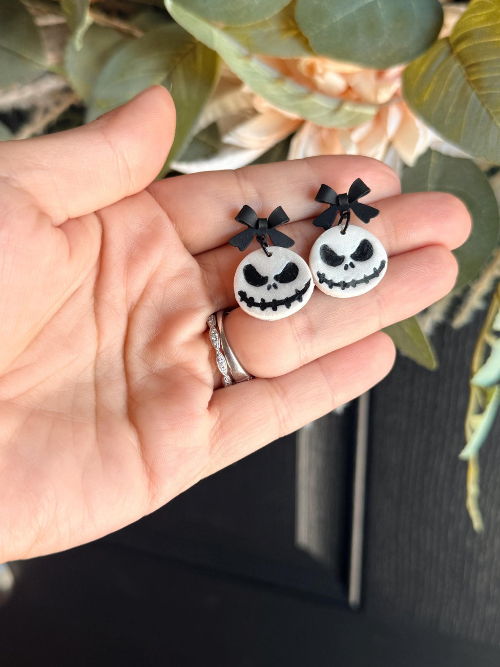 Handmade Halloween Skeleton Earrings | Spooky Cute Polymer Clay Earrings | Black Bow Halloween Jewelry