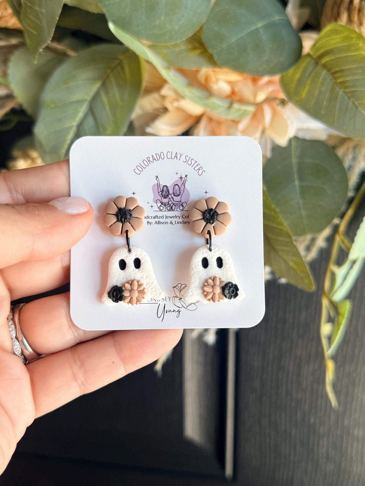 Ghost Earrings, Halloween Polymer Clay Earrings, Spooky Cute Earrings, Floral Ghost Jewelry, Neutral Halloween Earrings, Fall Earrings