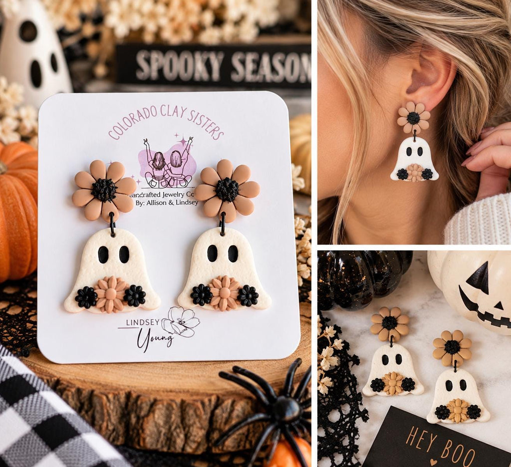 Ghost Earrings, Halloween Polymer Clay Earrings, Spooky Cute Earrings, Floral Ghost Jewelry, Neutral Halloween Earrings, Fall Earrings