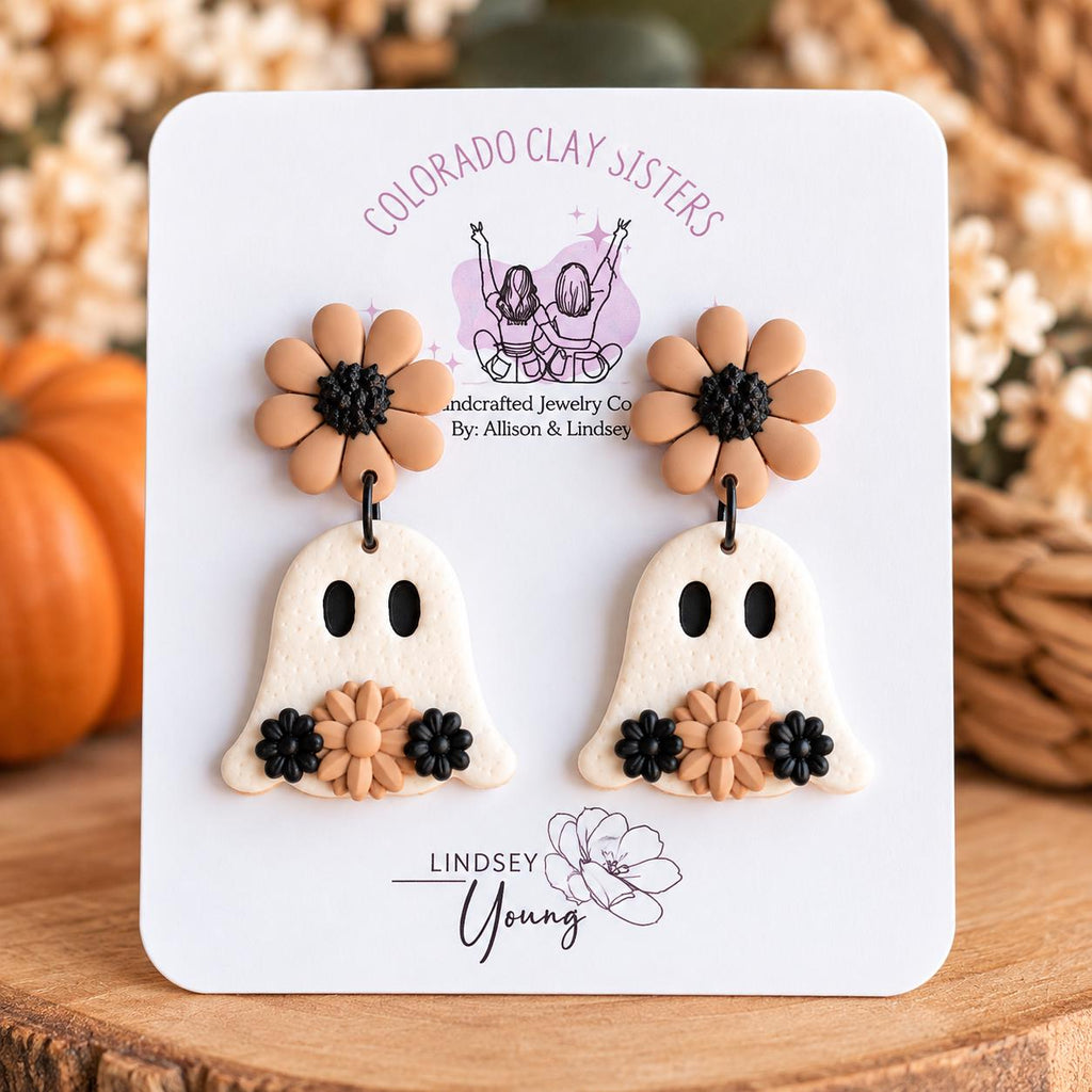 Ghost Earrings, Halloween Polymer Clay Earrings, Spooky Cute Earrings, Floral Ghost Jewelry, Neutral Halloween Earrings, Fall Earrings