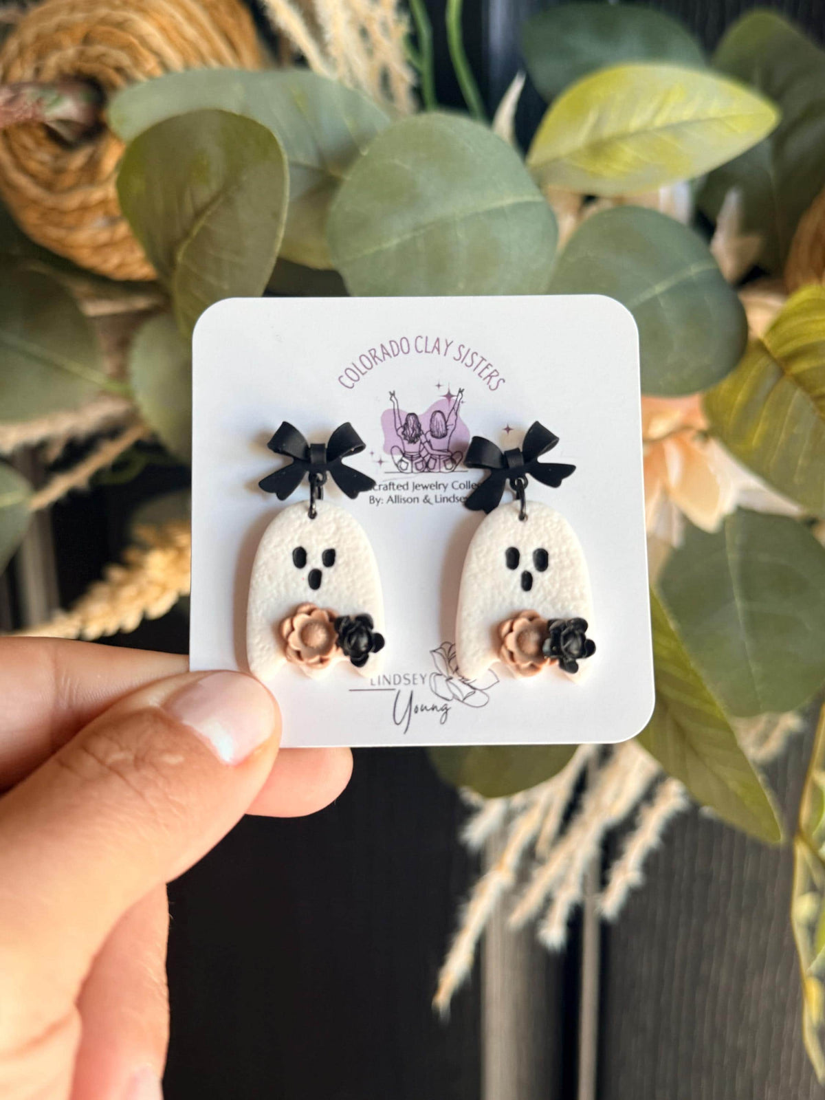 Handmade Polymer Clay Ghost Earrings | Halloween Dangle Jewelry with Bow & Flowers
