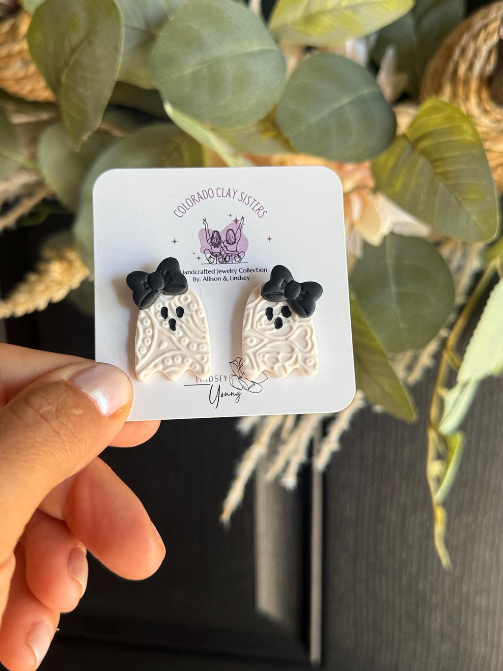 Ghost Earrings, Halloween Polymer Clay Earrings, Cute Spooky Earrings, Bow Ghost Studs, Pink or Black Halloween Jewelry, Handmade Earrings