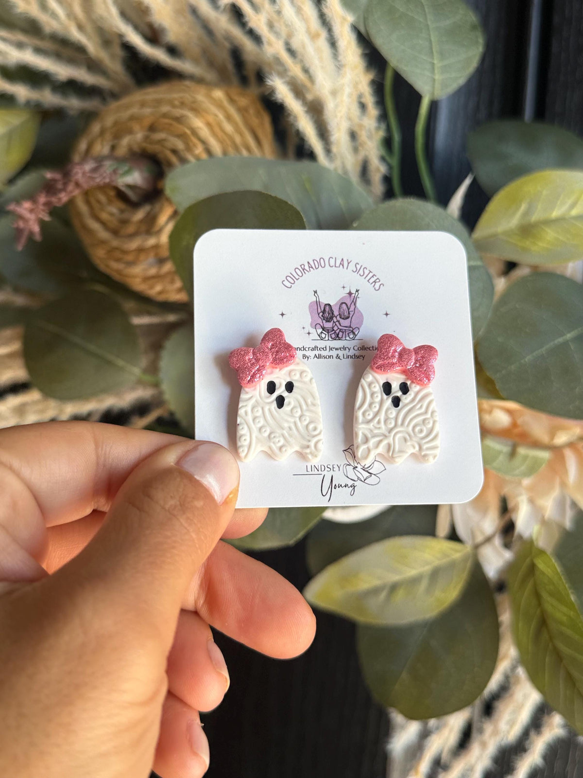 Ghost Earrings, Halloween Polymer Clay Earrings, Cute Spooky Earrings, Bow Ghost Studs, Pink or Black Halloween Jewelry, Handmade Earrings