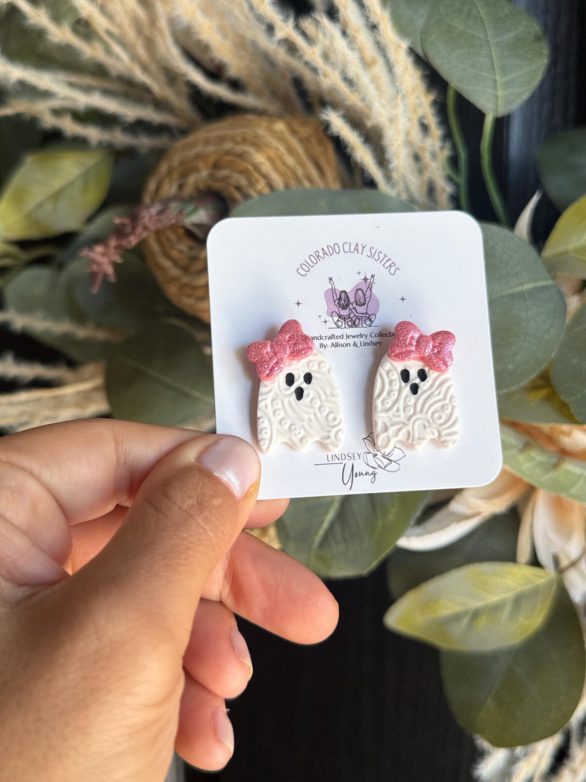 Ghost Earrings, Halloween Polymer Clay Earrings, Cute Spooky Earrings, Bow Ghost Studs, Pink or Black Halloween Jewelry, Handmade Earrings