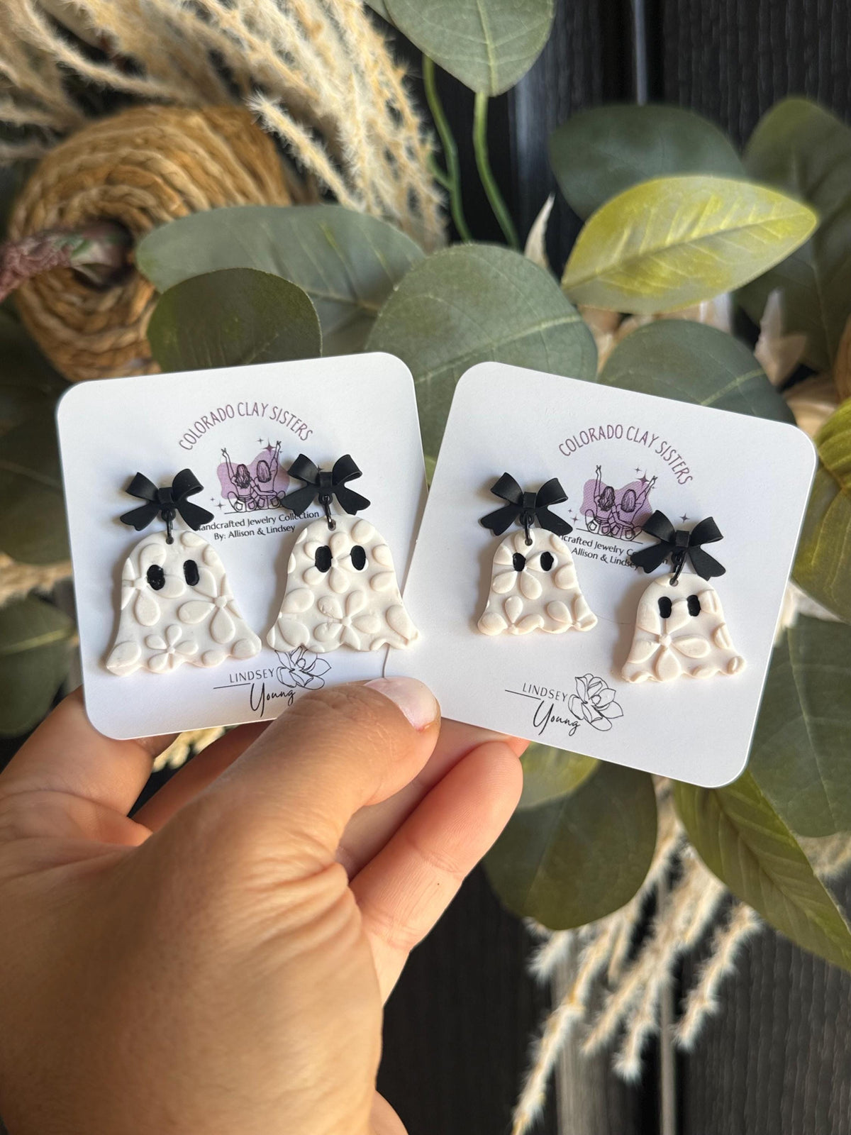 Ghost Earrings, Halloween Polymer Clay Earrings, Spooky Cute Earrings, Black Bow Ghost Earrings, Neutral Halloween Jewelry, Handmade Earring