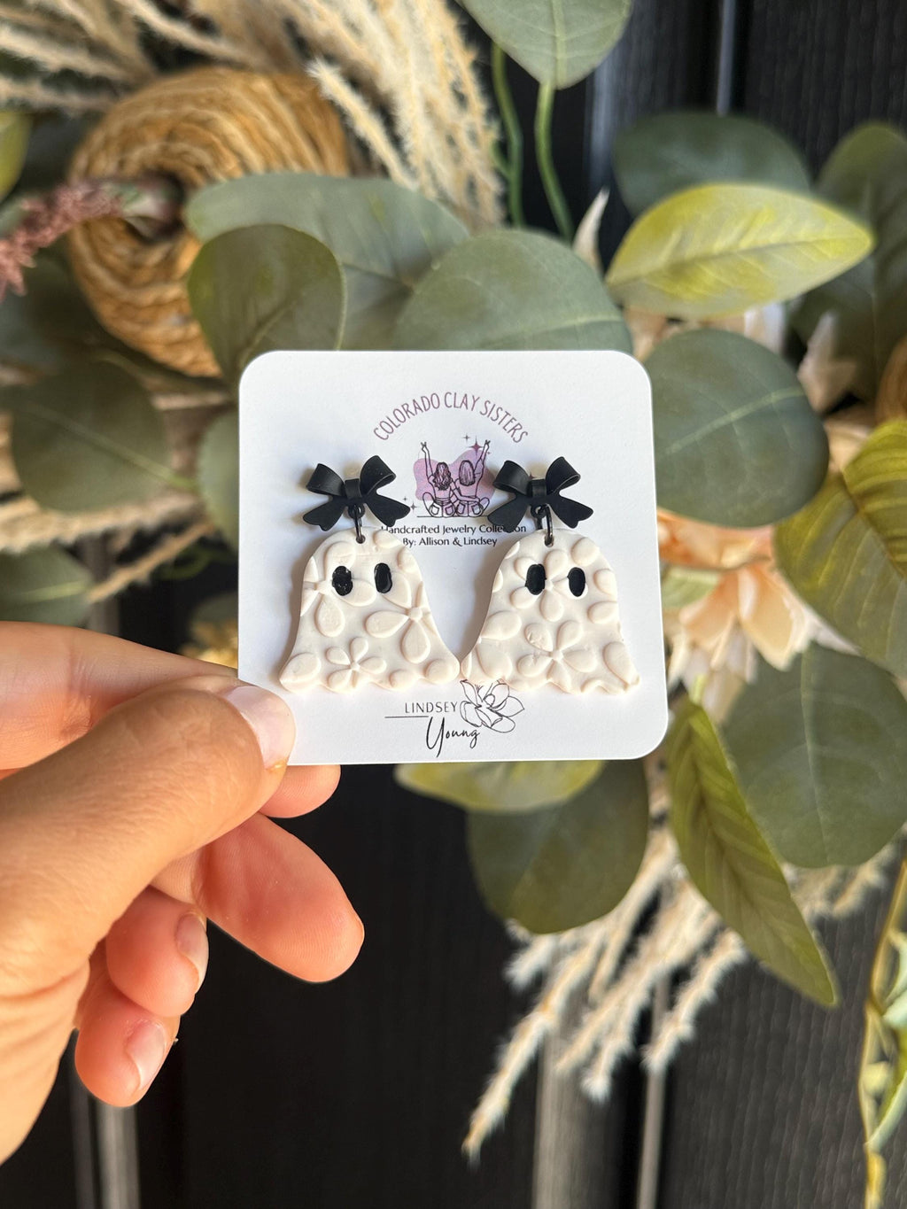Ghost Earrings, Halloween Polymer Clay Earrings, Spooky Cute Earrings, Black Bow Ghost Earrings, Neutral Halloween Jewelry, Handmade Earring