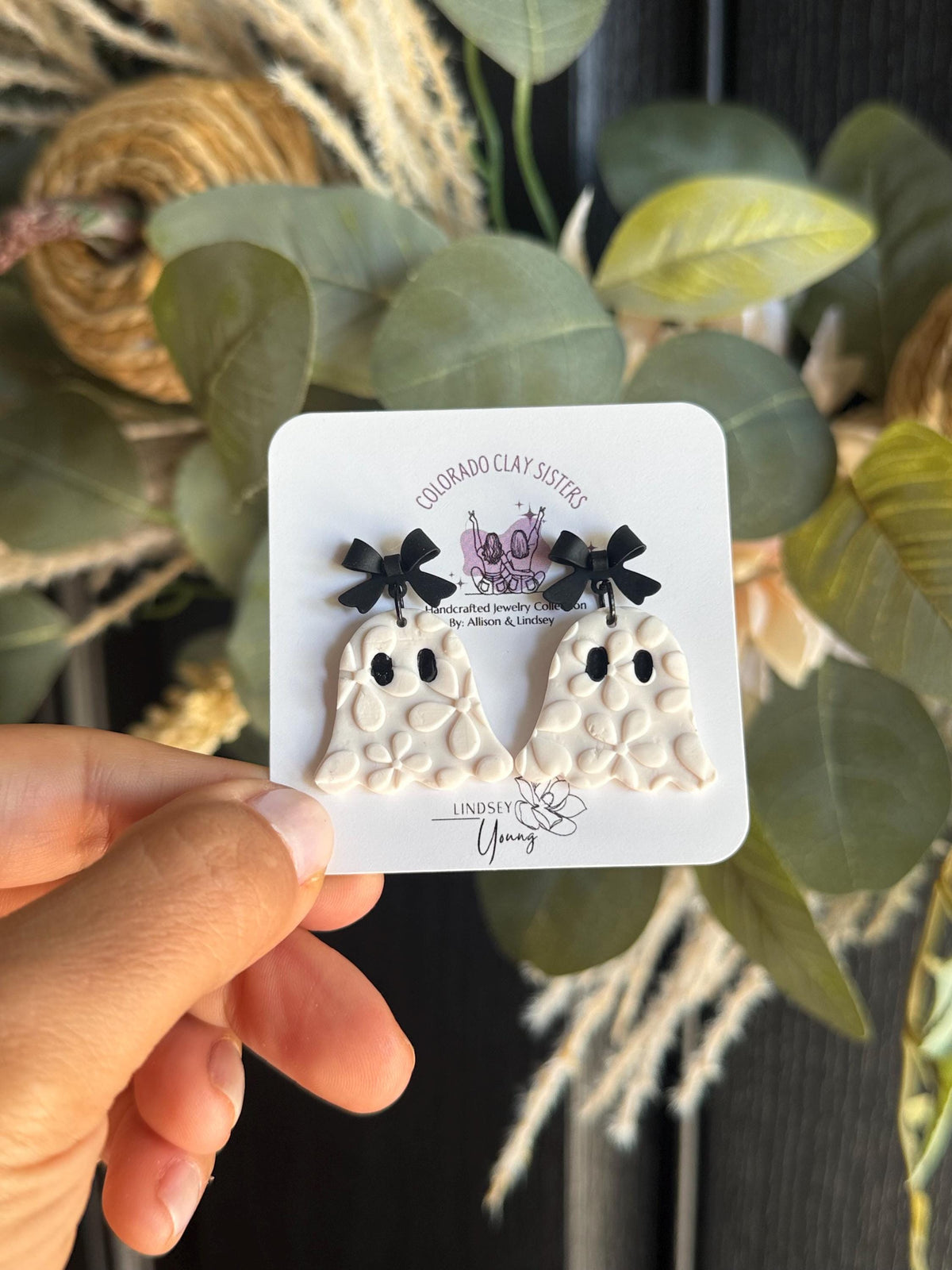 Ghost Earrings, Halloween Polymer Clay Earrings, Spooky Cute Earrings, Black Bow Ghost Earrings, Neutral Halloween Jewelry, Handmade Earring