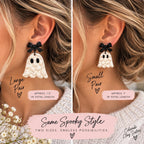 Ghost Earrings, Halloween Polymer Clay Earrings, Spooky Cute Earrings, Black Bow Ghost Earrings, Neutral Halloween Jewelry, Handmade Earring
