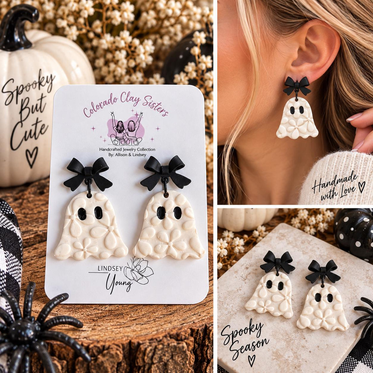 Ghost Earrings, Halloween Polymer Clay Earrings, Spooky Cute Earrings, Black Bow Ghost Earrings, Neutral Halloween Jewelry, Handmade Earring