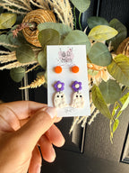 Halloween Earring Set, Ghost Earrings & Studs, Polymer Clay Earrings, Spooky Cute Jewelry, Orange Purple Halloween Earrings, Handmade Gift