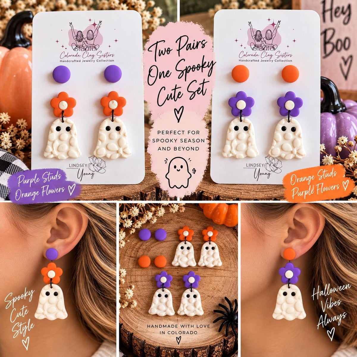 Halloween Earring Set, Ghost Earrings & Studs, Polymer Clay Earrings, Spooky Cute Jewelry, Orange Purple Halloween Earrings, Handmade Gift