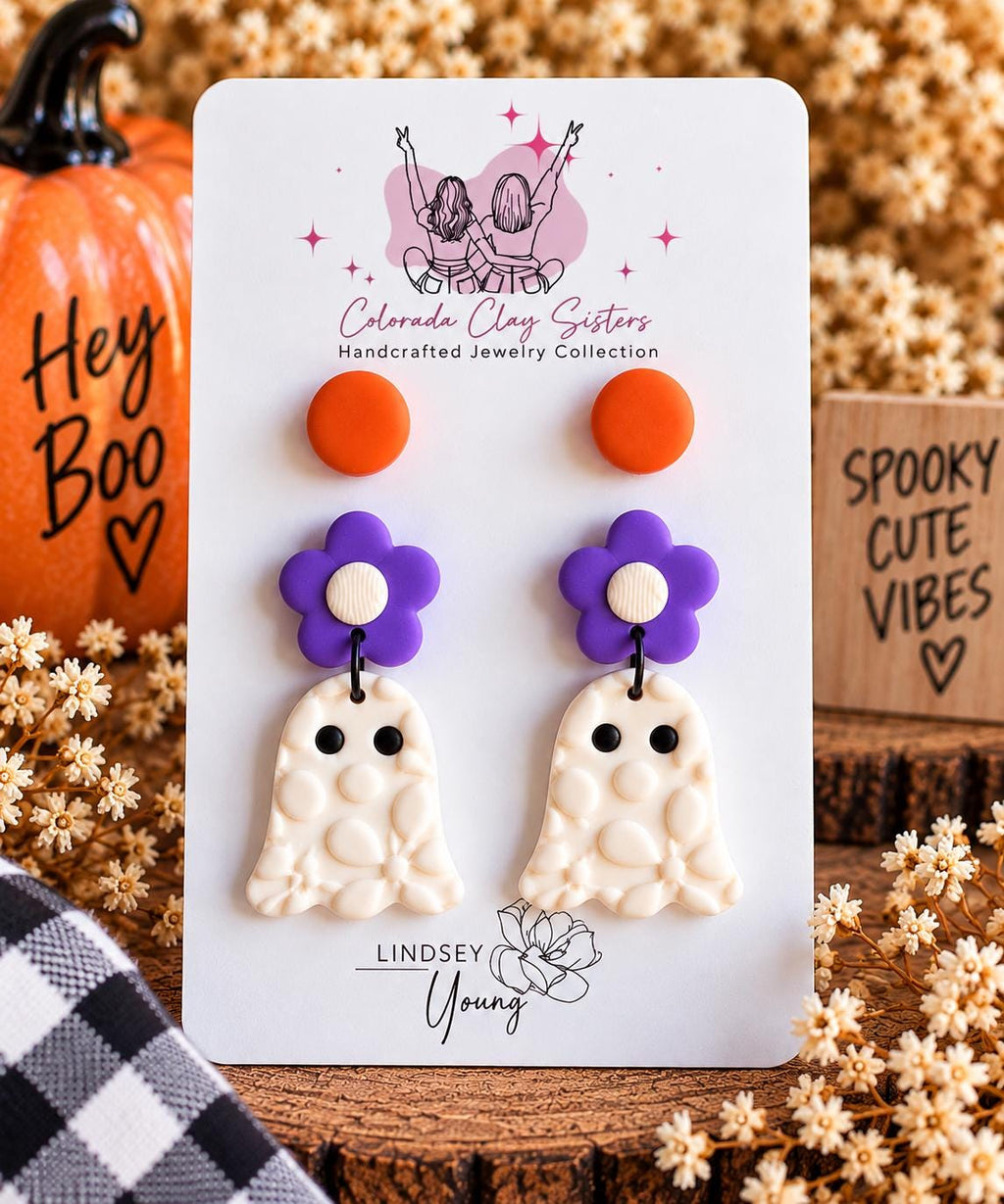 Halloween Earring Set, Ghost Earrings & Studs, Polymer Clay Earrings, Spooky Cute Jewelry, Orange Purple Halloween Earrings, Handmade Gift