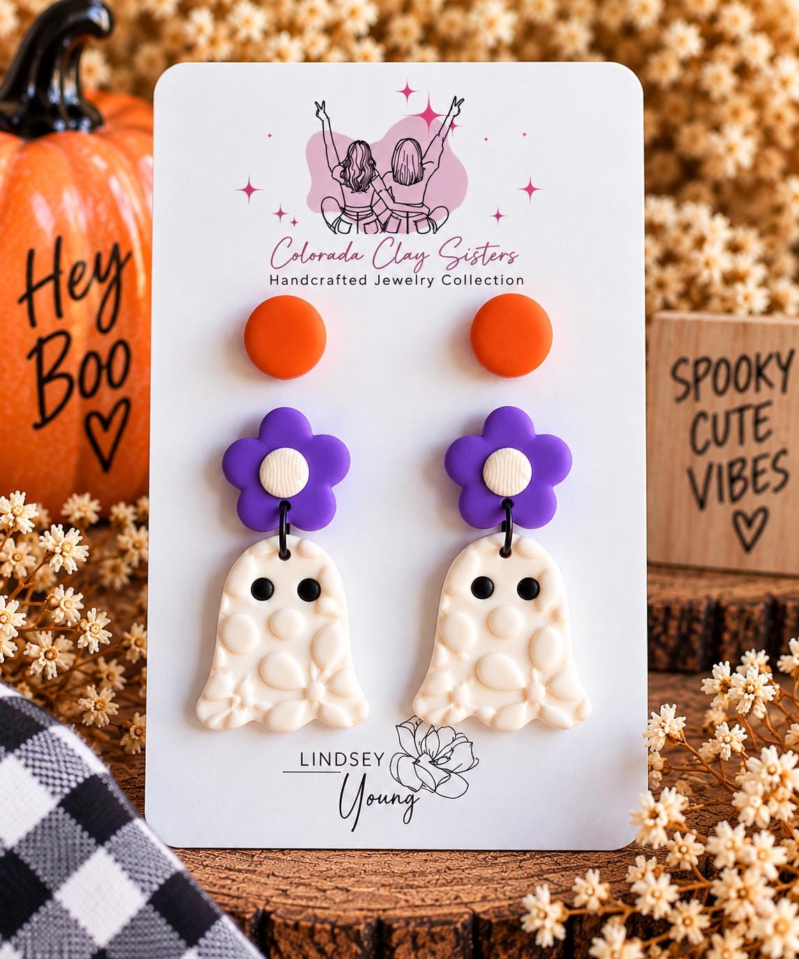 Halloween Earring Set, Ghost Earrings & Studs, Polymer Clay Earrings, Spooky Cute Jewelry, Orange Purple Halloween Earrings, Handmade Gift