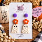 Halloween Earring Set, Ghost Earrings & Studs, Polymer Clay Earrings, Spooky Cute Jewelry, Orange Purple Halloween Earrings, Handmade Gift
