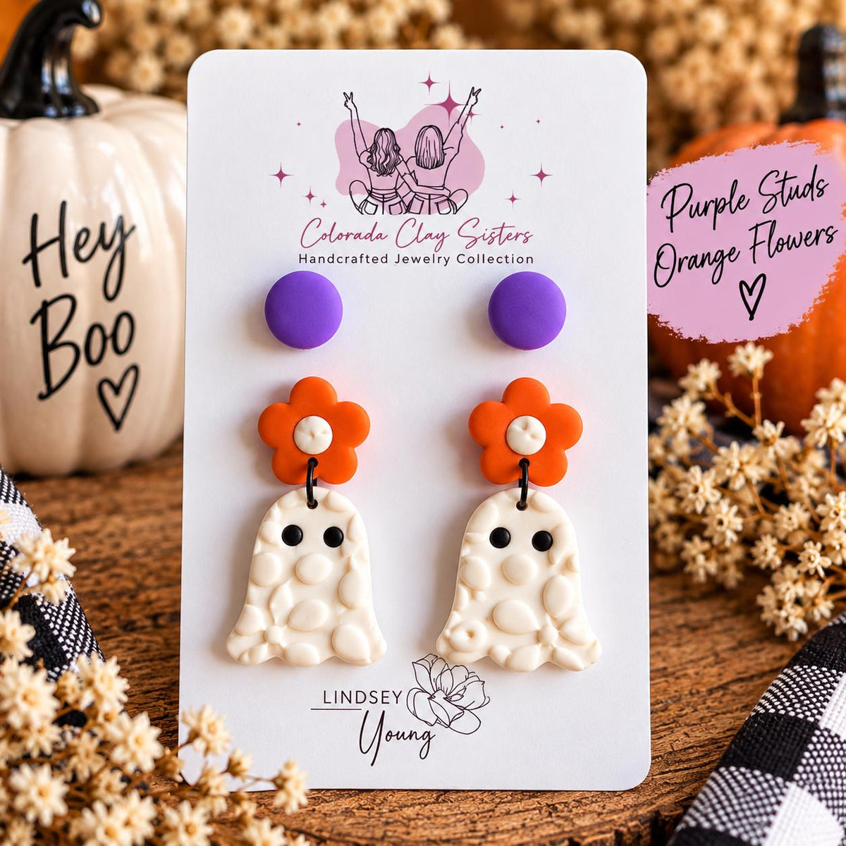 Halloween Earring Set, Ghost Earrings & Studs, Polymer Clay Earrings, Spooky Cute Jewelry, Orange Purple Halloween Earrings, Handmade Gift