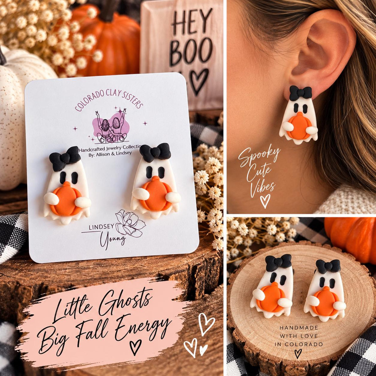 Ghost Pumpkin Earrings, Halloween Polymer Clay Earrings, Spooky Cute Ghost Studs, Pumpkin Jewelry, Handmade Halloween Earrings