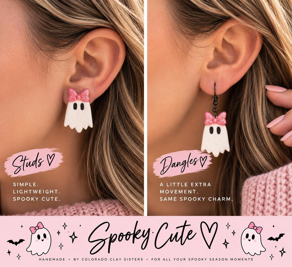 Pink Ghost Earrings, Halloween Earrings, Cute Ghost Studs & Dangles, Polymer Clay Earrings, Girly Halloween Jewelry, Spooky Cute Gift