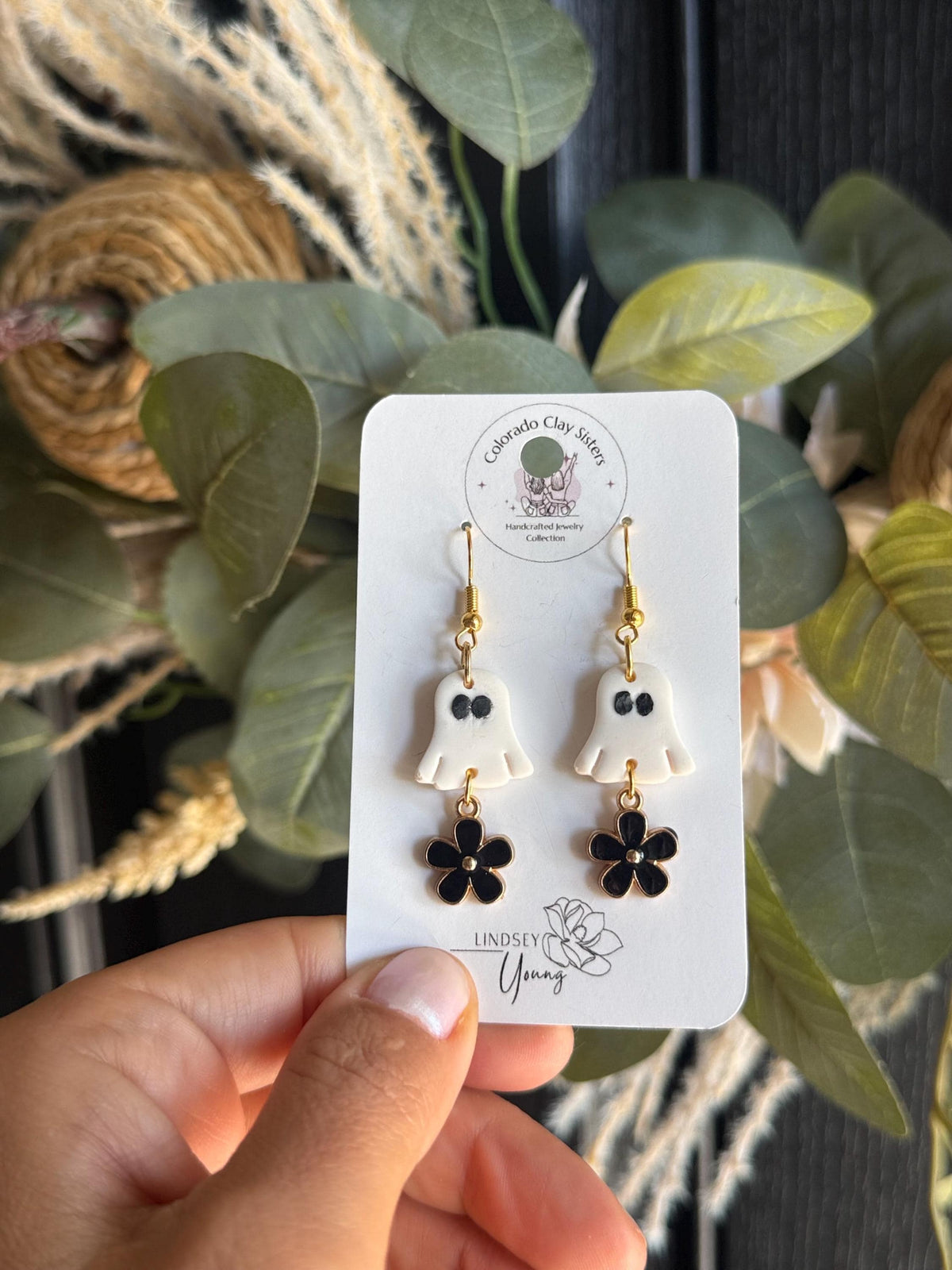 Ghost Earrings, Halloween Dangle Earrings, Black Flower Ghost Earrings, Polymer Clay Halloween Jewelry, Spooky Cute Fall Earrings