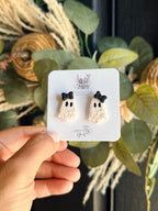 Ghost Earrings with Bow, Halloween Polymer Clay Earrings, Spooky Cute Ghost Studs, Orange or Black Bow, Handmade Halloween Jewelry