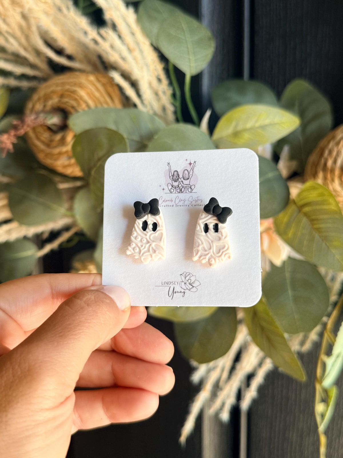 Ghost Earrings with Bow, Halloween Polymer Clay Earrings, Spooky Cute Ghost Studs, Orange or Black Bow, Handmade Halloween Jewelry