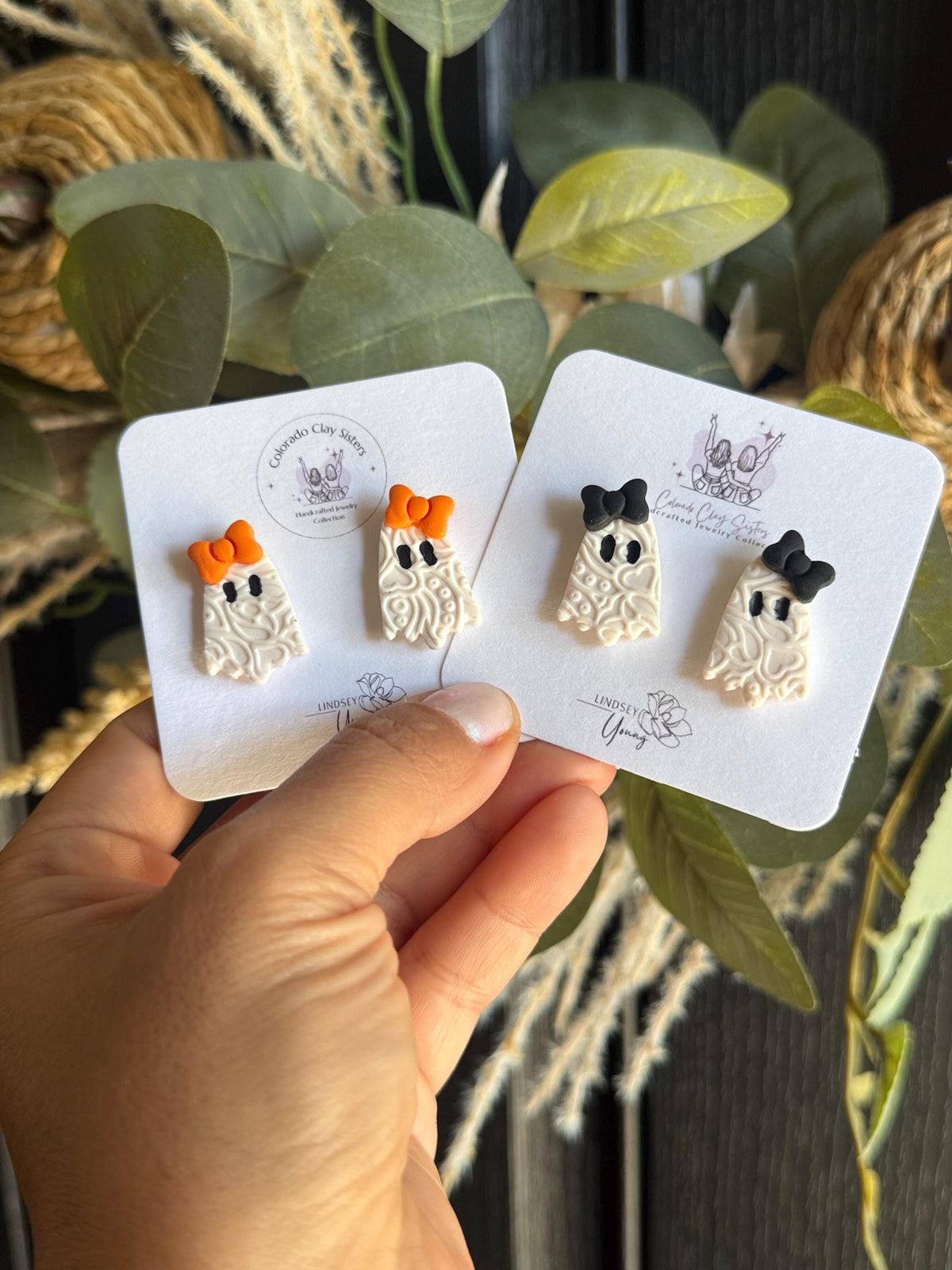 Ghost Earrings with Bow, Halloween Polymer Clay Earrings, Spooky Cute Ghost Studs, Orange or Black Bow, Handmade Halloween Jewelry