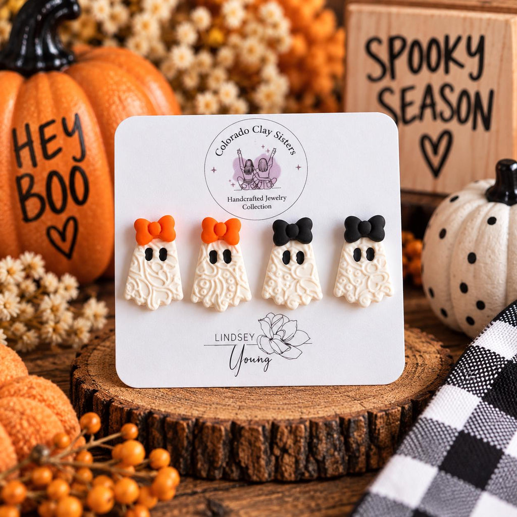 Ghost Earrings with Bow, Halloween Polymer Clay Earrings, Spooky Cute Ghost Studs, Orange or Black Bow, Handmade Halloween Jewelry