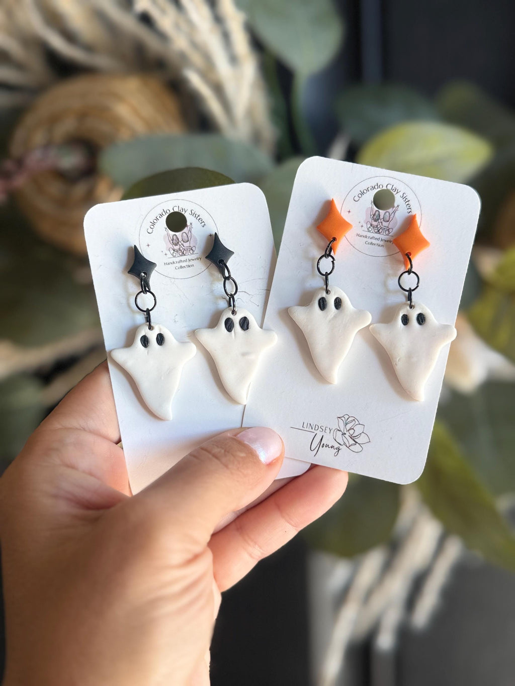 Handmade Polymer Clay Ghost Earrings, Halloween Dangle Jewelry (Orange or Black)