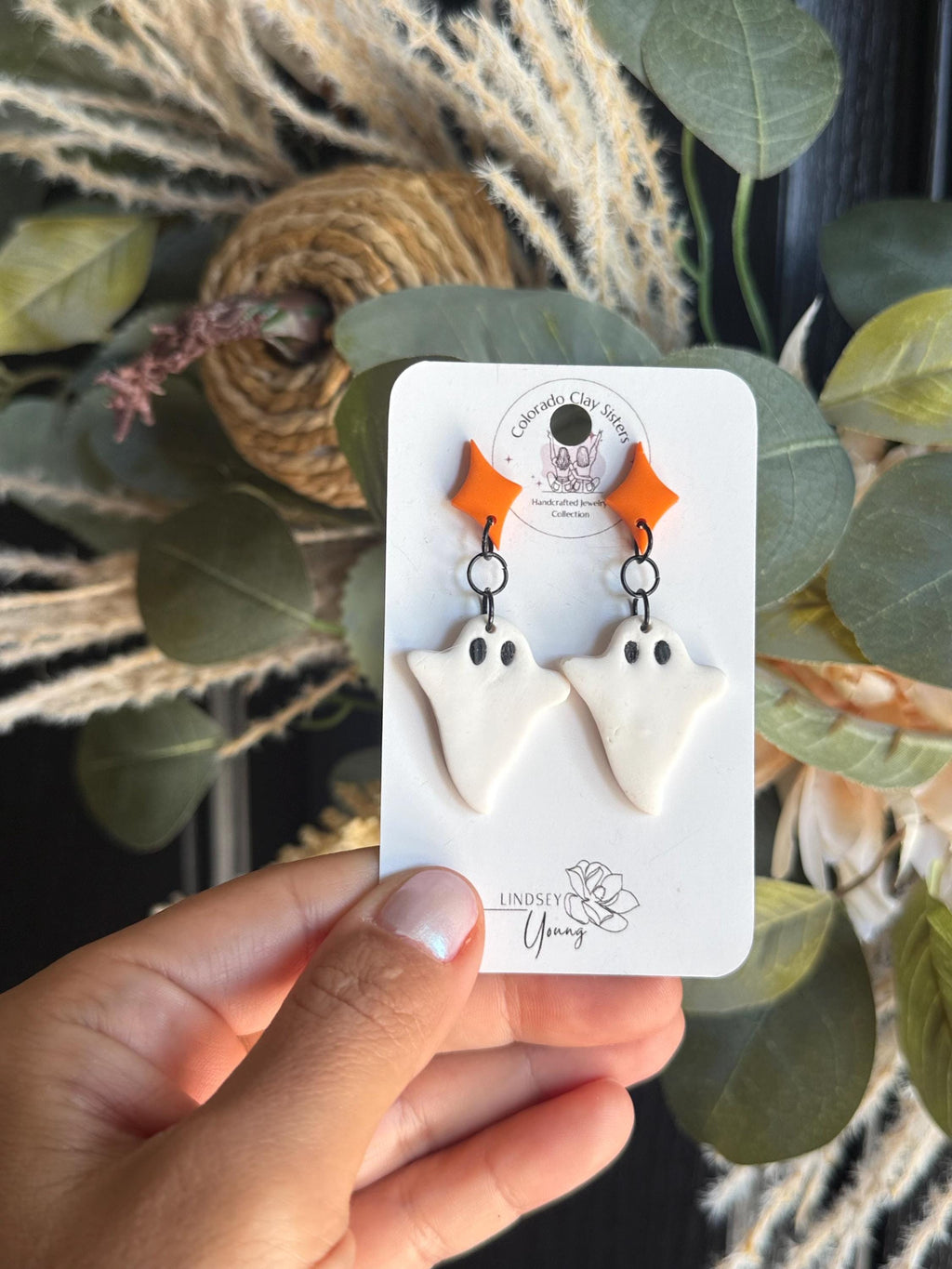 Handmade Polymer Clay Ghost Earrings, Halloween Dangle Jewelry (Orange or Black)