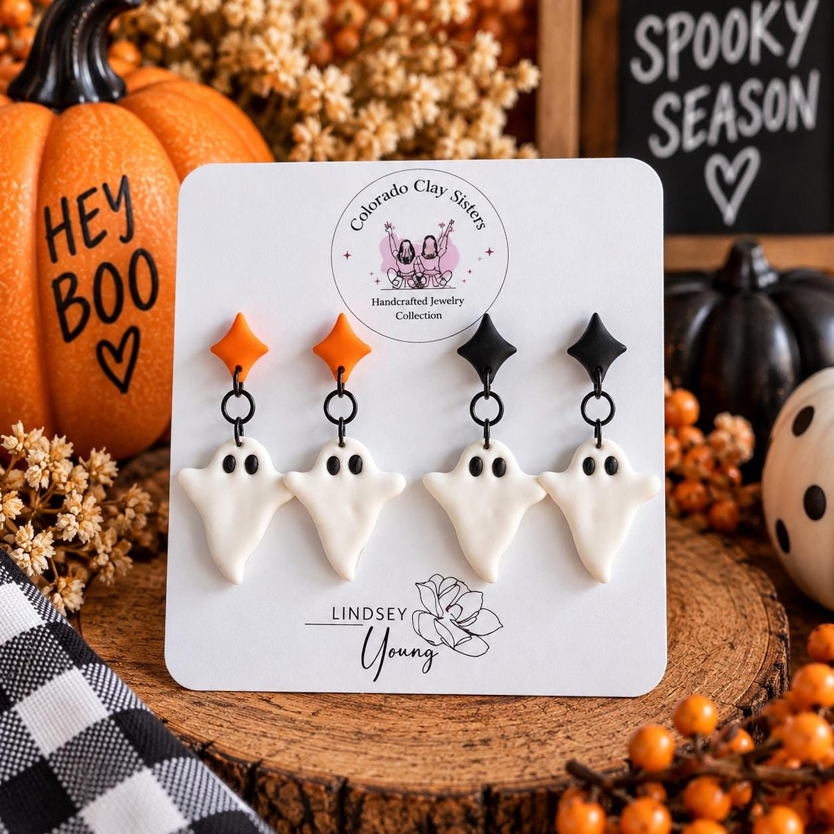 Handmade Polymer Clay Ghost Earrings, Halloween Dangle Jewelry (Orange or Black)
