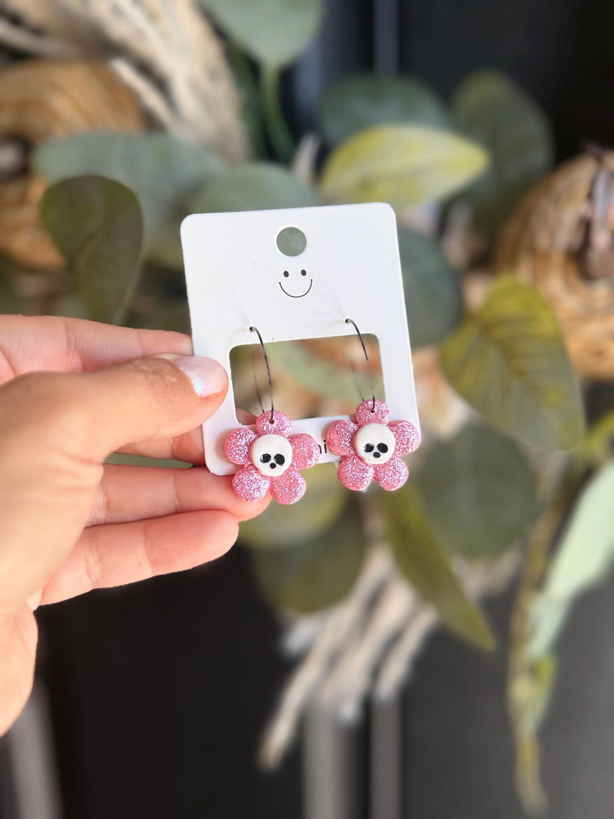 Pink Skull Earrings, Spooky Cute Halloween Earrings, Glitter Flower Earrings, Handmade Polymer Clay Earrings, Pink Halloween Jewelry