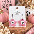 Pink Skull Earrings, Spooky Cute Halloween Earrings, Glitter Flower Earrings, Handmade Polymer Clay Earrings, Pink Halloween Jewelry