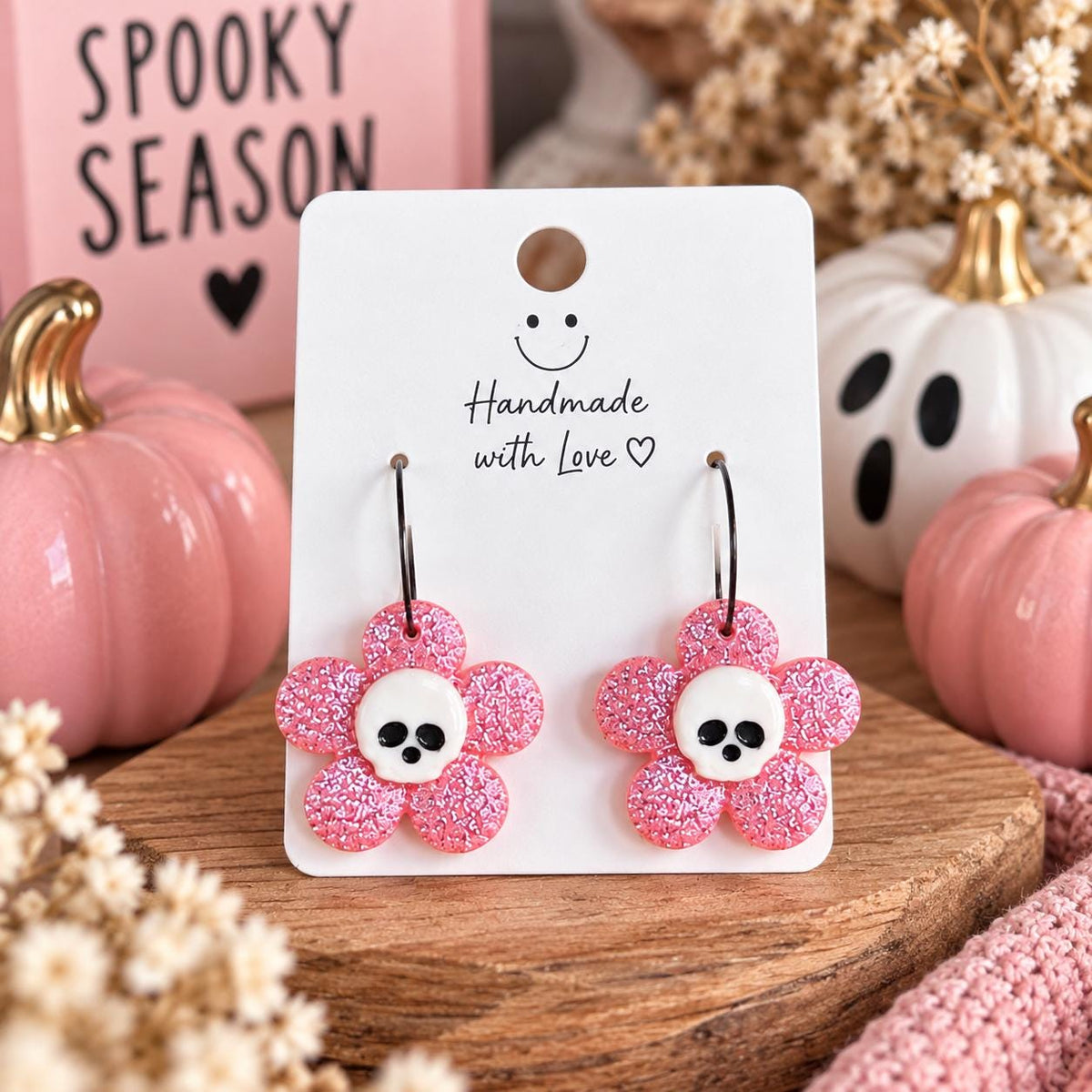 Pink Skull Earrings, Spooky Cute Halloween Earrings, Glitter Flower Earrings, Handmade Polymer Clay Earrings, Pink Halloween Jewelry