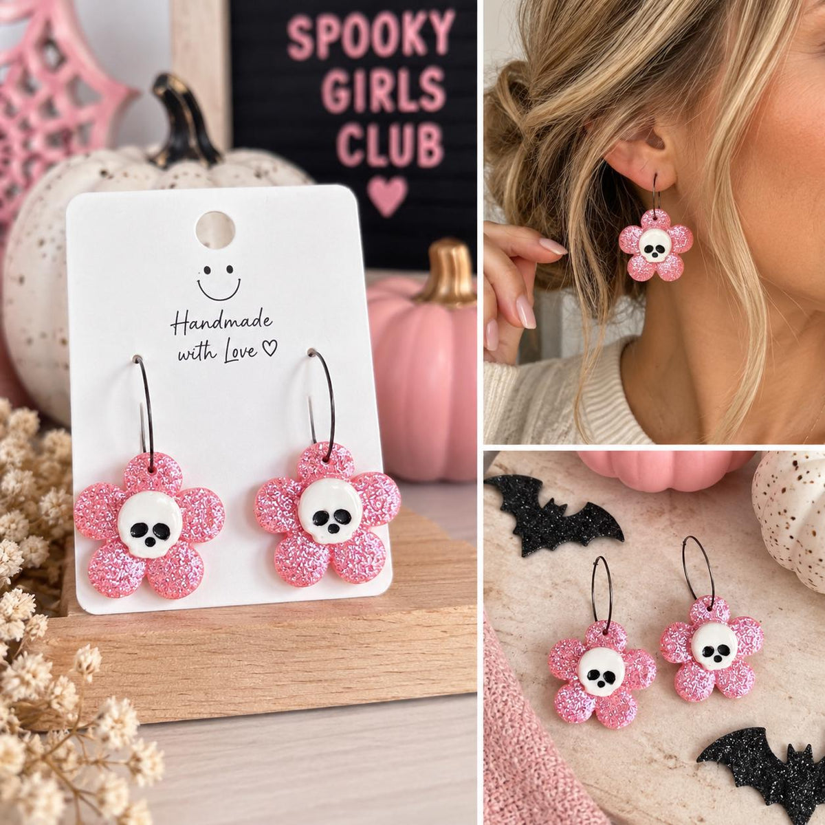 Pink Skull Earrings, Spooky Cute Halloween Earrings, Glitter Flower Earrings, Handmade Polymer Clay Earrings, Pink Halloween Jewelry