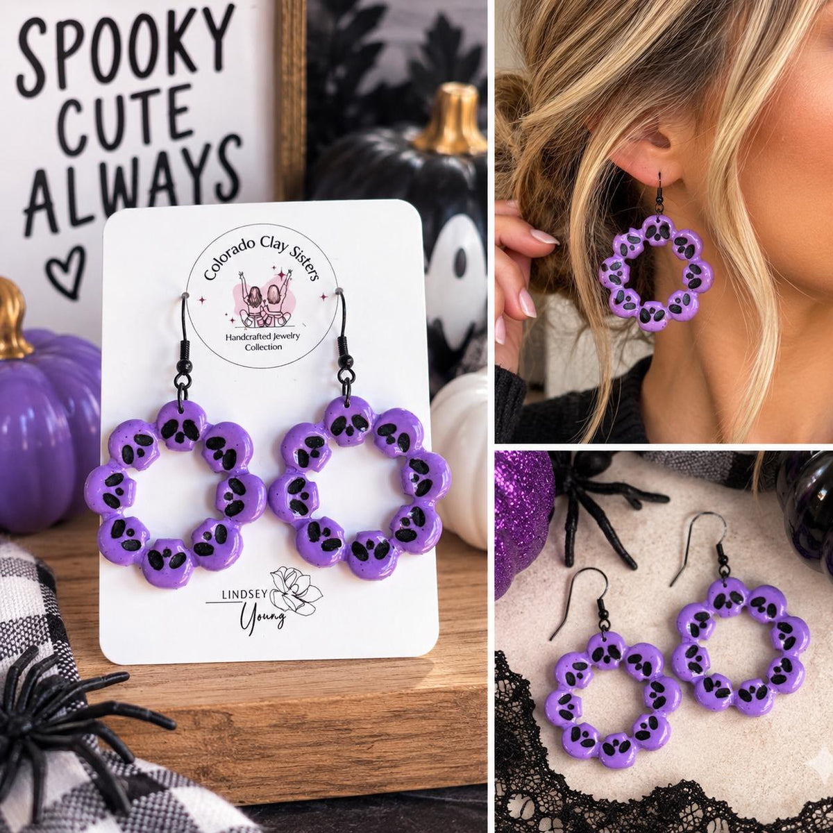 Purple Skull Earrings, Halloween Statement Earrings, Spooky Polymer Clay Earrings, Skull Hoop Earrings, Handmade Halloween Jewelry