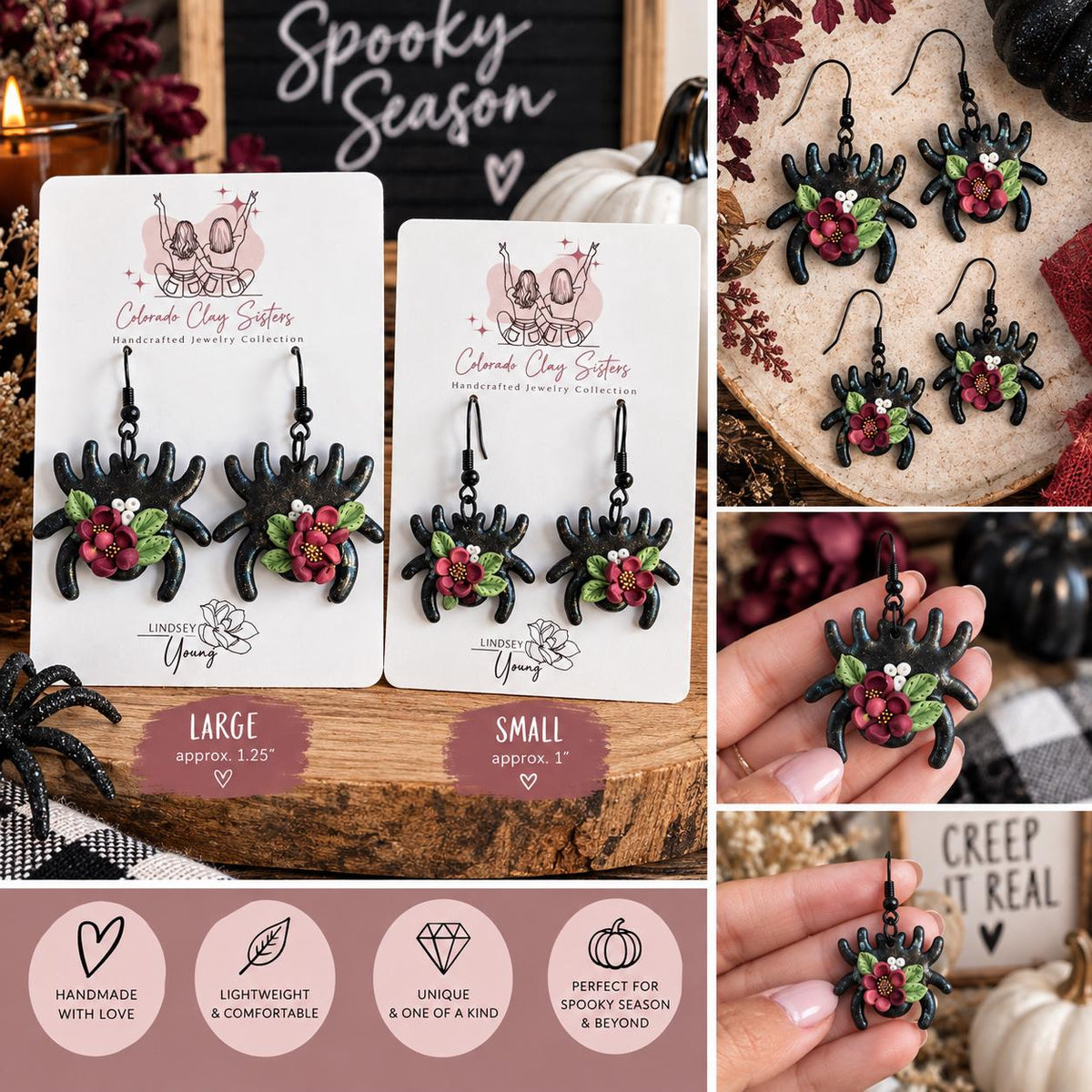 Floral Spider Earrings, Halloween Polymer Clay Earrings, Black Spider Earrings, Spooky Floral Jewelry, Gothic Halloween Earrings, Handmade