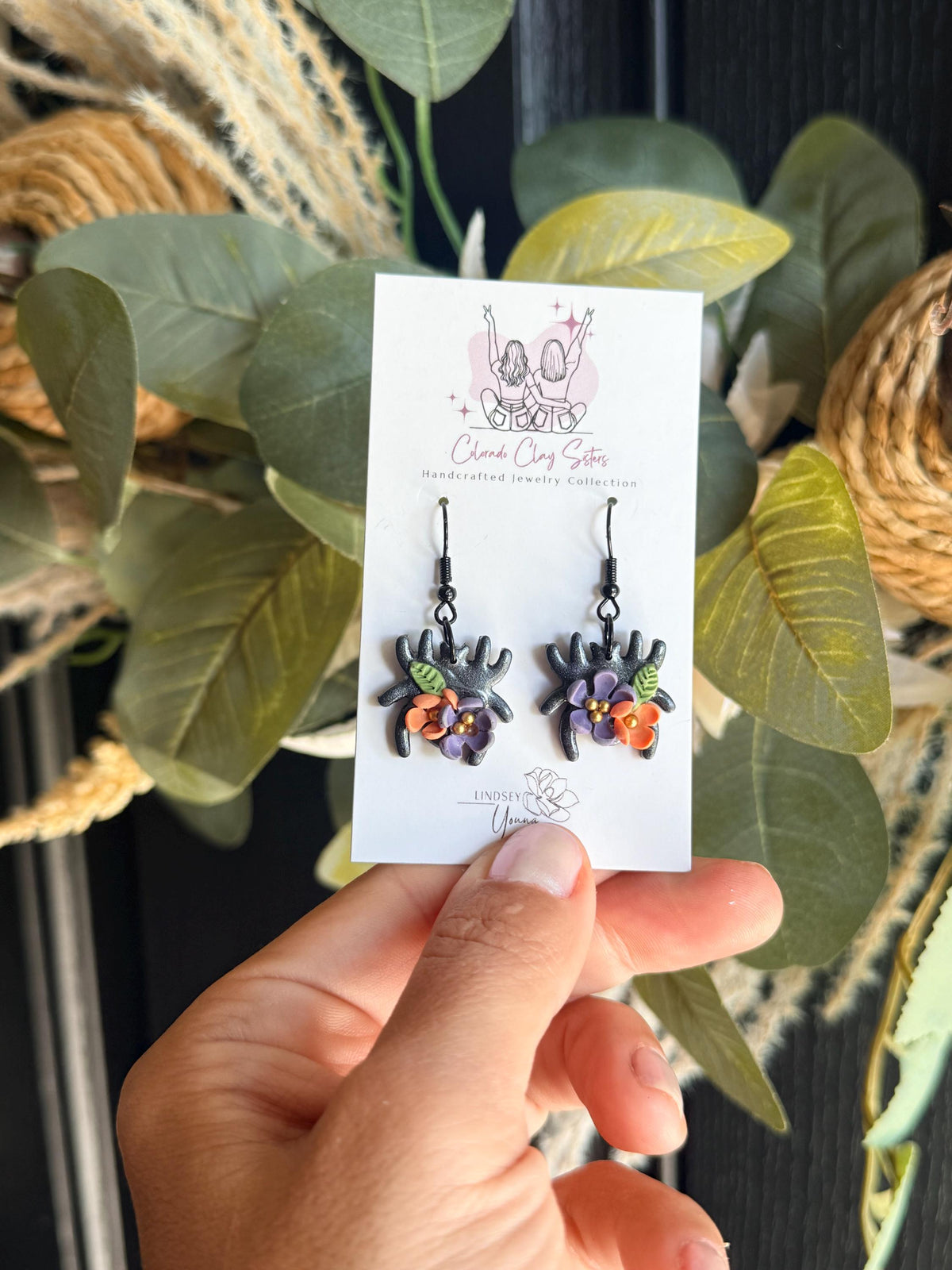 Floral Spider Earrings, Halloween Earrings, Black Spider Polymer Clay Earrings, Spooky Floral Jewelry, Witchy Fall Earrings, Handmade