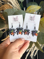 Floral Spider Earrings, Halloween Earrings, Black Spider Polymer Clay Earrings, Spooky Floral Jewelry, Witchy Fall Earrings, Handmade