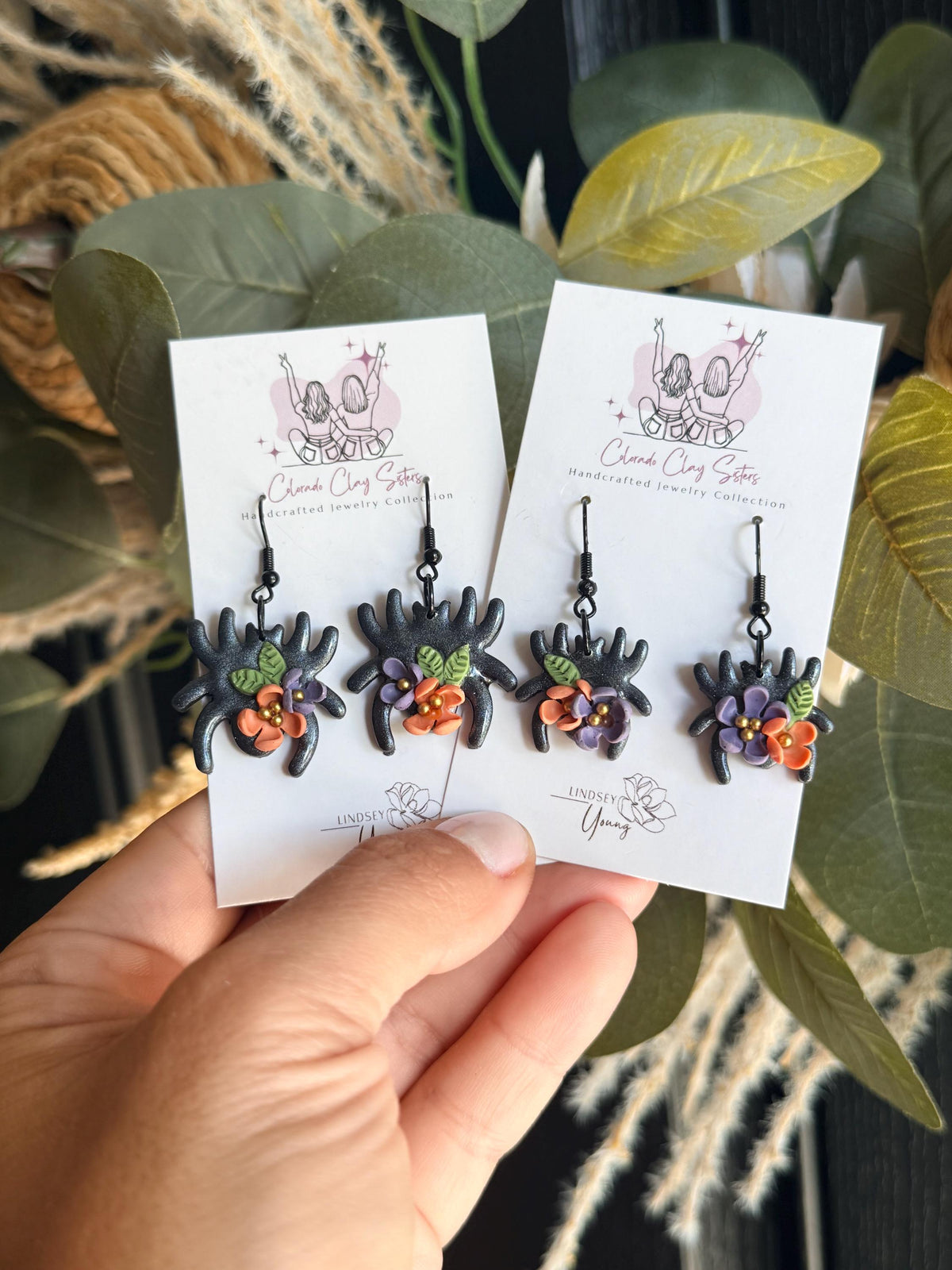 Floral Spider Earrings, Halloween Earrings, Black Spider Polymer Clay Earrings, Spooky Floral Jewelry, Witchy Fall Earrings, Handmade