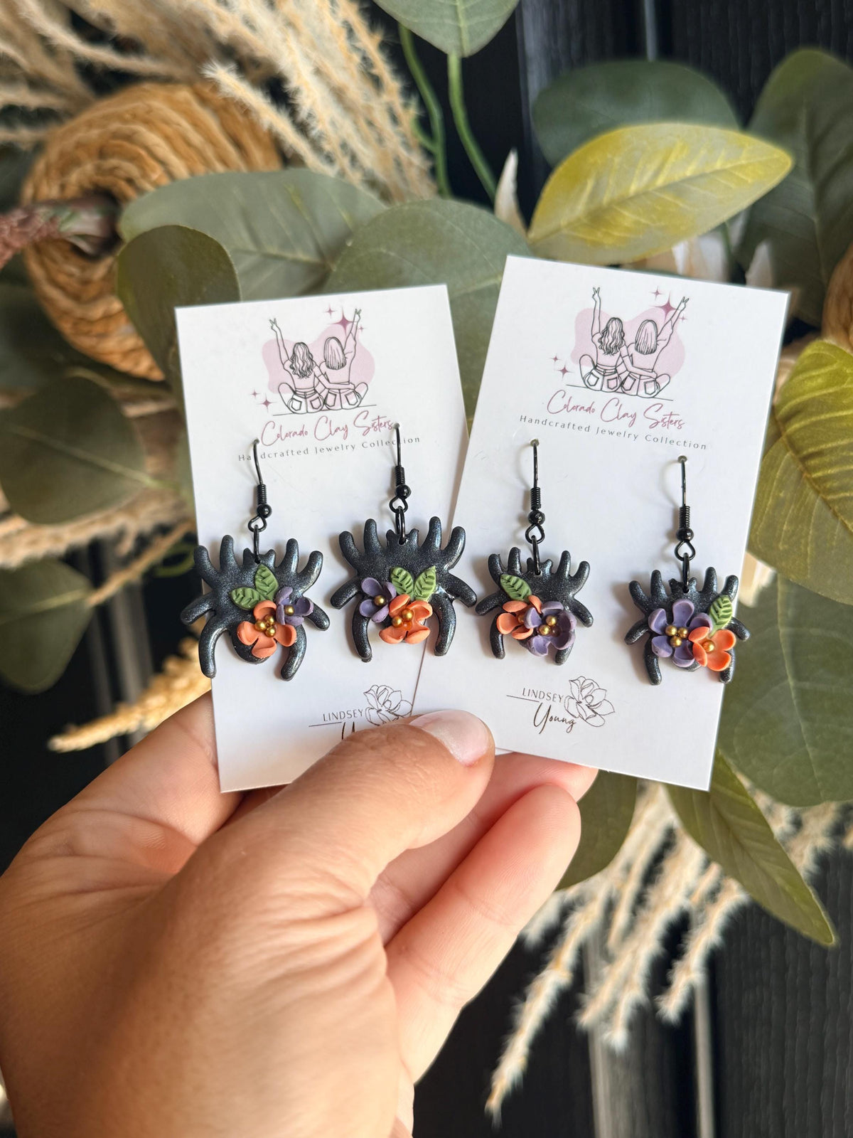 Floral Spider Earrings, Halloween Earrings, Black Spider Polymer Clay Earrings, Spooky Floral Jewelry, Witchy Fall Earrings, Handmade