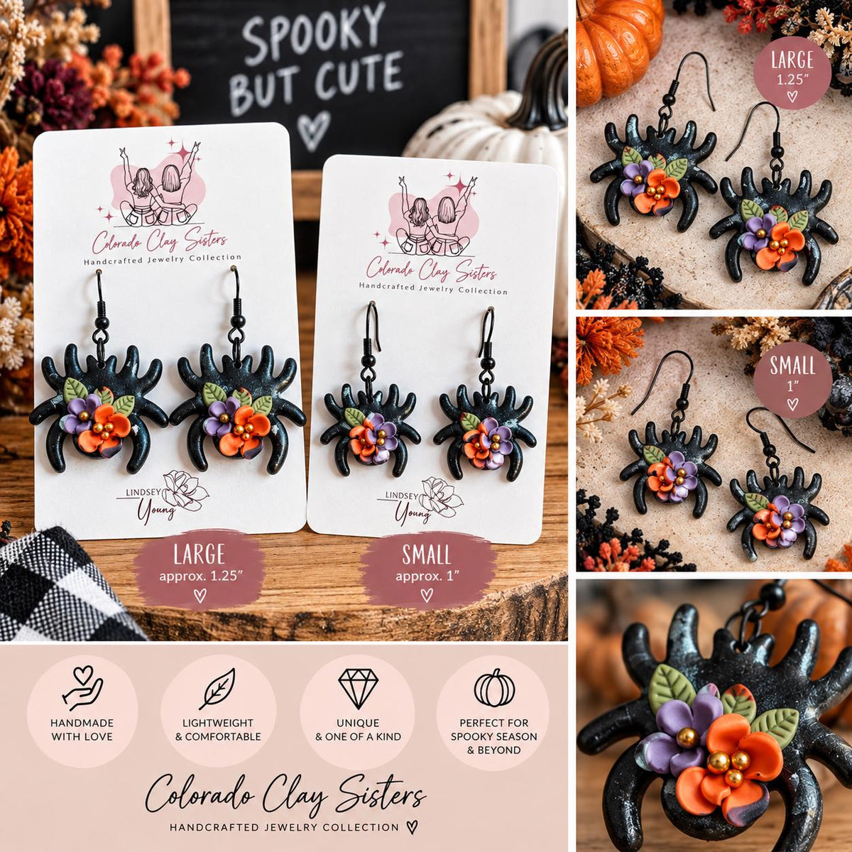 Floral Spider Earrings, Halloween Earrings, Black Spider Polymer Clay Earrings, Spooky Floral Jewelry, Witchy Fall Earrings, Handmade