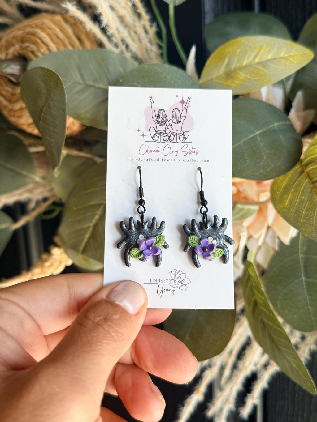 Purple Floral Spider Earrings, Halloween Polymer Clay Earrings, Spooky Cute Jewelry, Black Spider Earrings, Witchy Floral Earrings