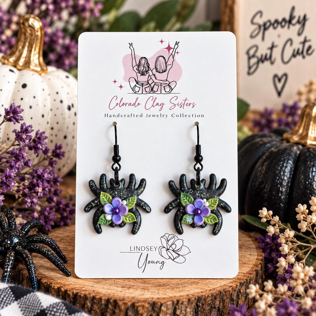 Purple Floral Spider Earrings, Halloween Polymer Clay Earrings, Spooky Cute Jewelry, Black Spider Earrings, Witchy Floral Earrings