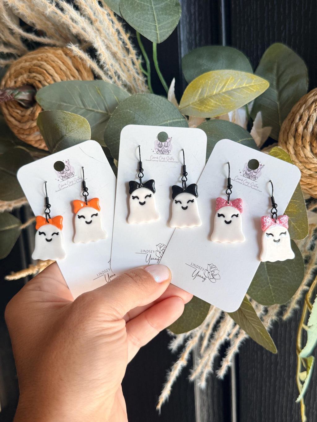 Cute Ghost Earrings with Bows, Halloween Polymer Clay Earrings, Spooky Cute Earrings, Girly Halloween Jewelry, Handmade Ghost Earrings