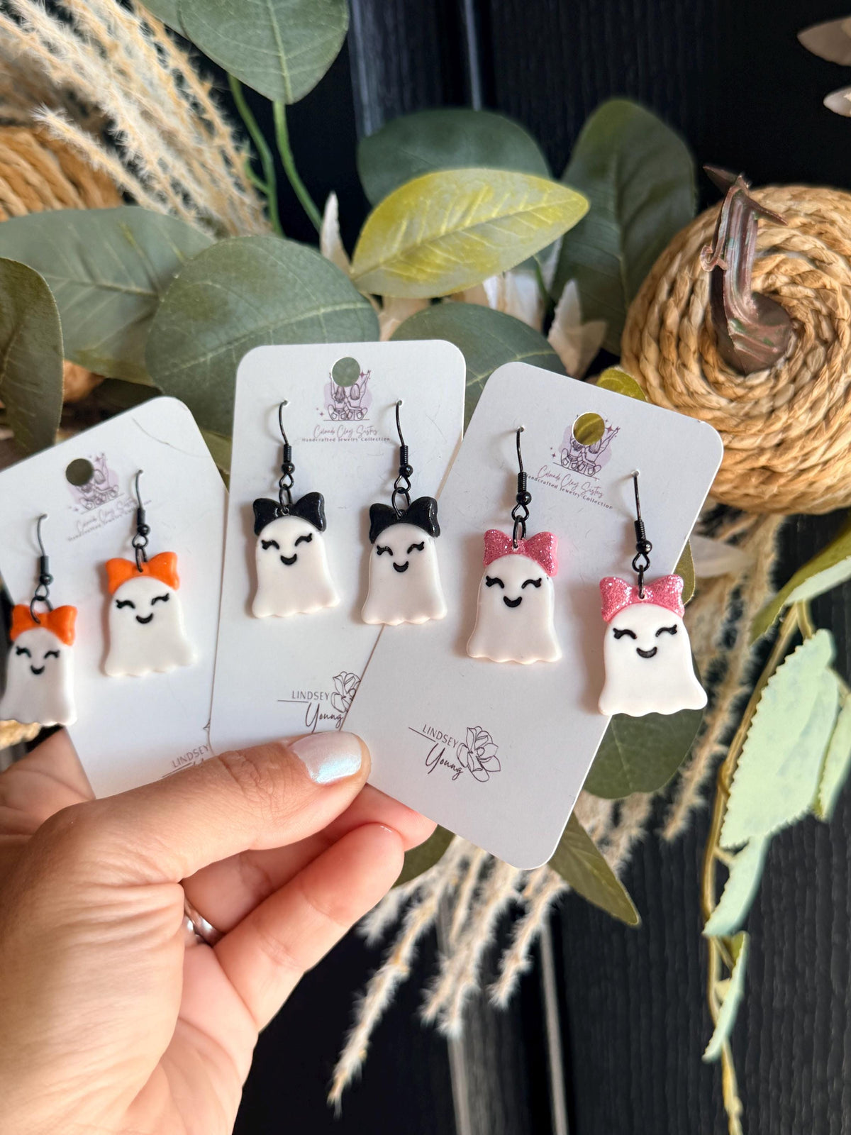 Cute Ghost Earrings with Bows, Halloween Polymer Clay Earrings, Spooky Cute Earrings, Girly Halloween Jewelry, Handmade Ghost Earrings